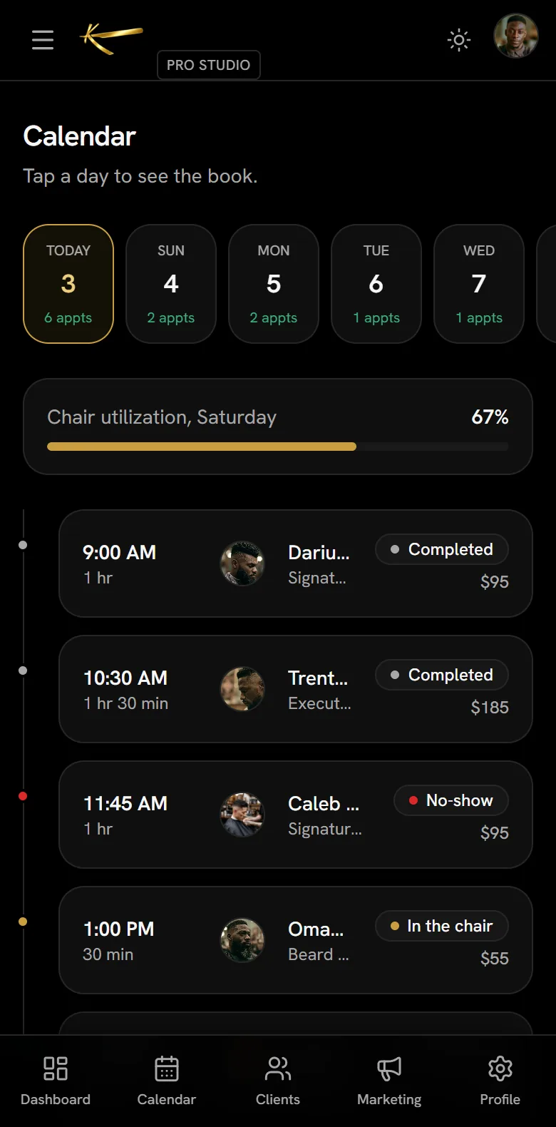 K Styles calendar on a phone: the day's appointments with completed, no-show, and in-the-chair states, and chair utilization