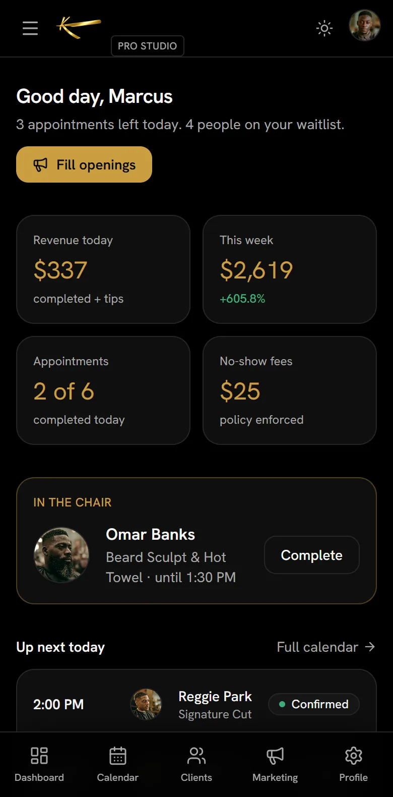 K Styles pro dashboard on a phone: revenue today, appointments left, no-show fees enforced, and who is in the chair