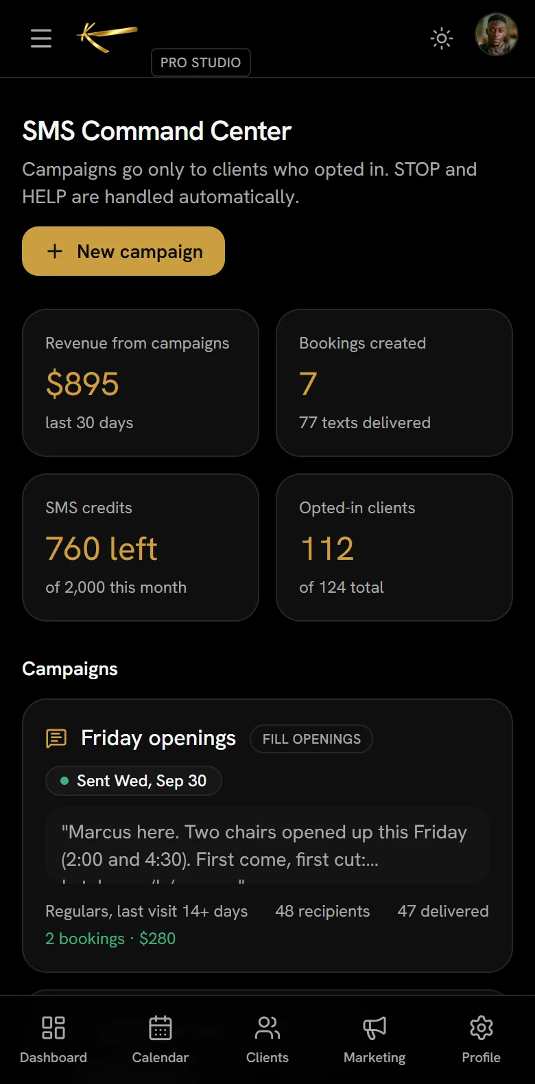 K Styles SMS Command Center on a phone: campaign revenue, bookings created, and a sent Friday-openings text