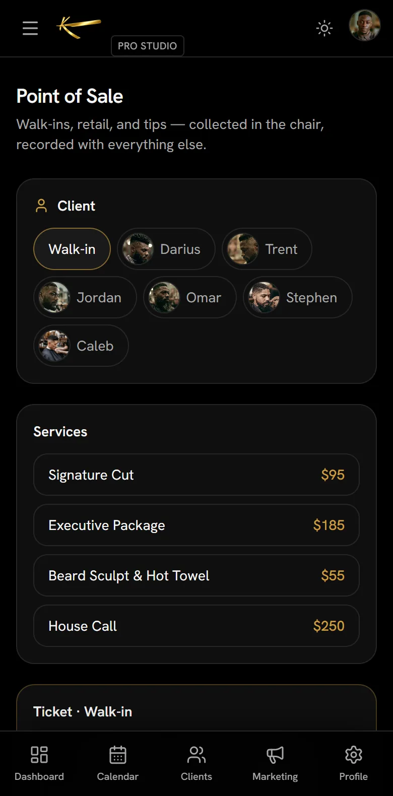 K Styles point of sale on a phone: client picker, service list, and a walk-in ticket