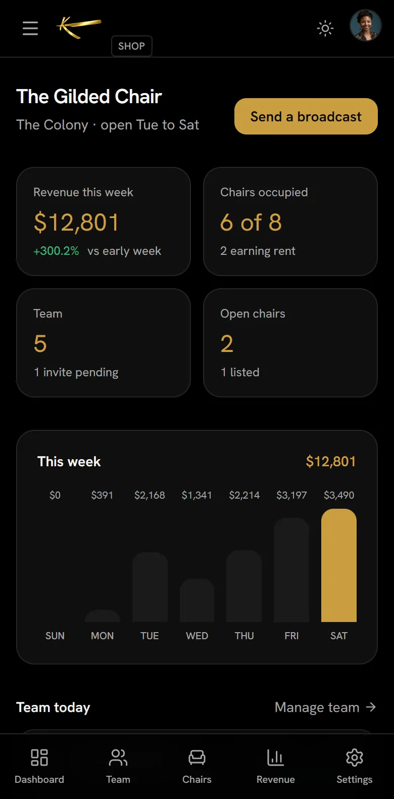 K Styles shop dashboard on a phone: chairs, bookings and revenue
